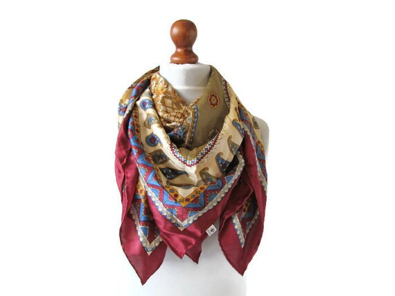 Fabulous Boho Silk Scarf 90s  Printed Red Blue Be… - image 3