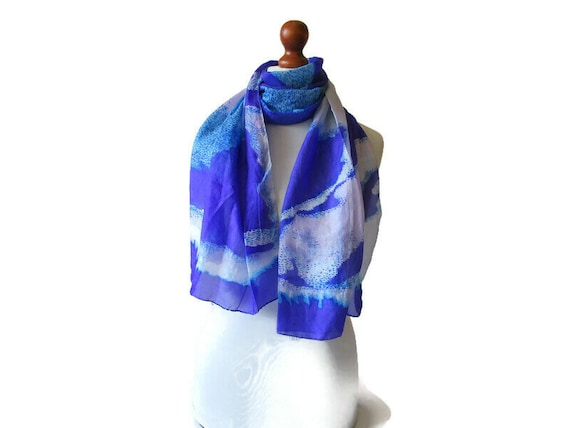 Gorgeous Blue White Vintage Silk Scarf Long Silk … - image 1