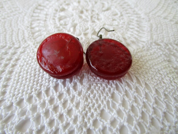 Vintage Handmade Glass Earrings Round Red Dangle … - image 9
