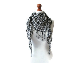 Vintage Black and White Scarf Plaid Neck Scarf Checkered Head Scarf  Man Women Spring Summer Scarf with Fringe Accessories