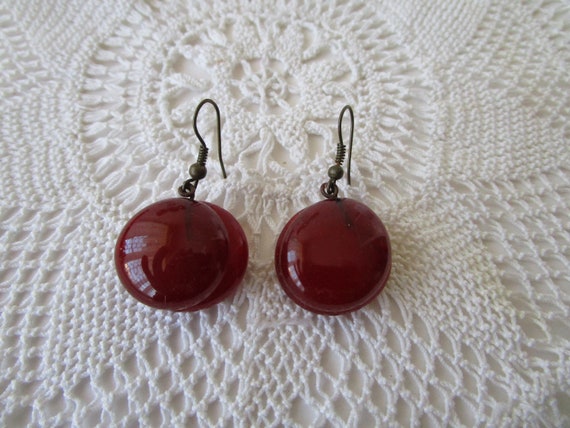 Vintage Handmade Glass Earrings Round Red Dangle … - image 6