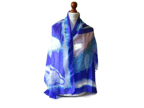 Gorgeous Blue White Vintage Silk Scarf Long Silk … - image 2