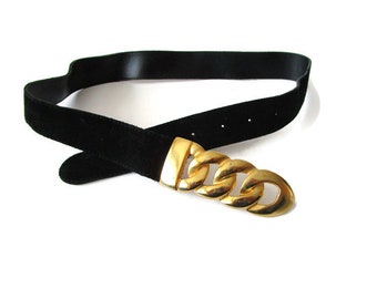 90s Vintage Elegant Leather Belt Belts For Woman Black Genuine Leather Suede Belt Gold Buckle Size 75 cm /30" Gift for Her Girlfriend