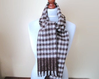 Plaid Brown Scarf Vintage Scarf Men&#39;s Winter Accessories Warm Winter Scarf Vintage Checkered fringed scarf Boyfriend Gift
