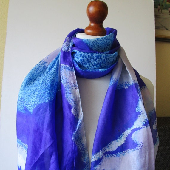 Gorgeous Blue White Vintage Silk Scarf Long Silk … - image 7