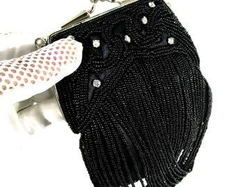 Black evening bag Black beaded bag Small beaded bag Black beaded purse Vintage fancy bag Black beaded clutch