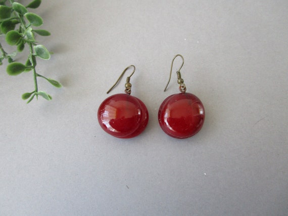 Vintage Handmade Glass Earrings Round Red Dangle … - image 1
