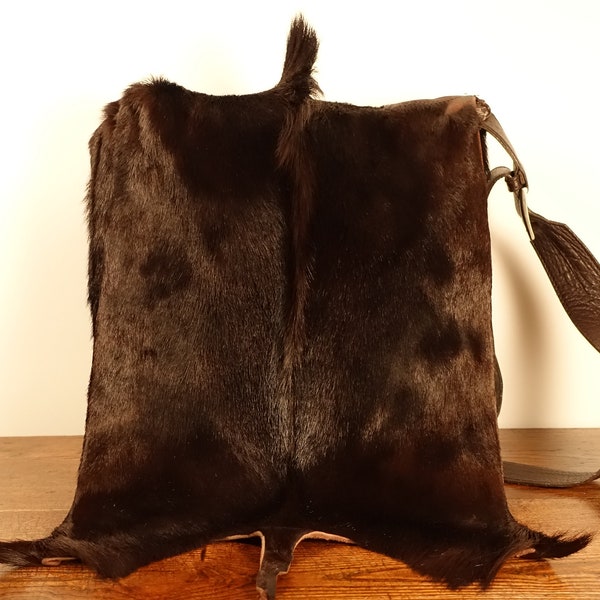 90s Vintage Messenger Bag Real Fur Crossbody Bag Brown Leather Crossbody Everyday Bag Boho Bag, Hippie Bag Festival Bag for men or Women