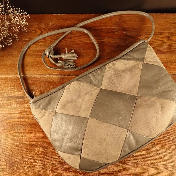 Leather Patchwork Purse Shoulder Bag PENTIK Finnish Vintage 90s Hand Crafted Cross Body Grey Genuine Leather Bag Boho Bag Made in Finland