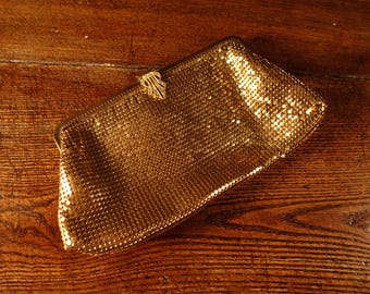 Oroton Glomesh Clutch Bag Gold tone 1950s Vintage Gold Mesh Rhinestone Clasp Purse Art Deco Bag