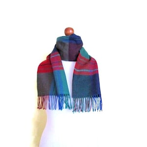 Bufanda de lana para hombre, estilo años 90, vintage, a cuadros, verde, azul y rojo, suave, con flecos, estilo retro, calentador de cuello de tartán, regalo de Navidad para novio.