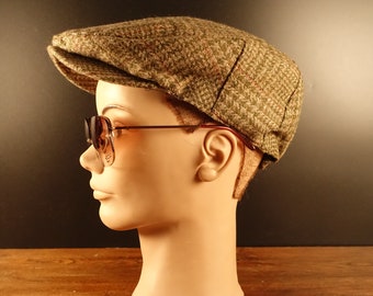 Vintage Mens Wool Newsboy Hat Checkered Tweed Wool Cap Hunting Hat olive green brown beige Paper Boy Cap Men's Flat Driving Hat Gift for Him