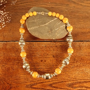 80s Vintage Plastic Beaded Necklace Silver Color Yellow Butterscotch Color Beads Bohemian Jewelry Gift For Her