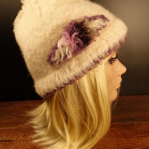 Vintage Winter Hat Women Handmade Wool Knitted Cap Off White Purple Size Small-Medium