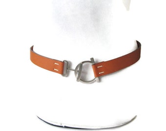 Vintage Leather Belt, Skinny Brown, Silver Metal Buckle  display picture 1