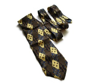 Vintage LLOYDS Silk Necktie Geometric Equestrian Pattern Tie Blue Yellow Tie. Italian tie  Boyfriend Gift Valentines gift For Him