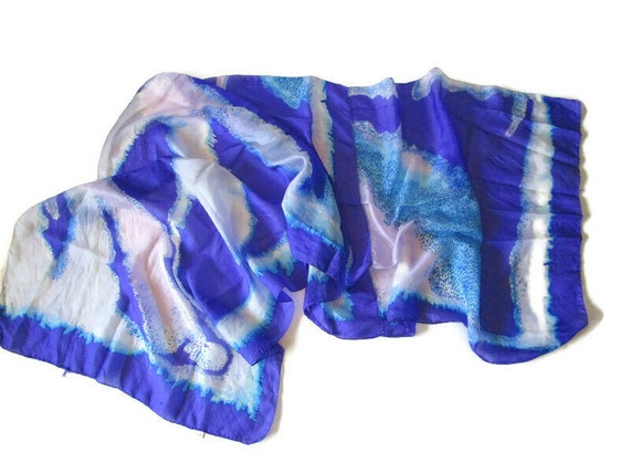 Gorgeous Blue White Vintage Silk Scarf Long Silk … - image 3
