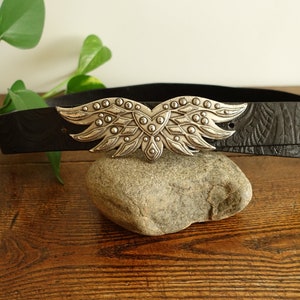 Saddler Black Genuine Leather Belt Wings Silver Metal Buckle, 90s Vintage Belts Belts for Women Men Unisex Jeans Belt size 85 cm / 31&quot;-35&quot;