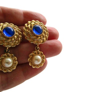 Vintage 80s Clip On Earrings Gold Tone Metal with Blue and White Accents Dangle Earrings Retro 80s Jewelry Nautical Princess Diana Style