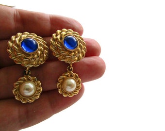 Vintage 80s Clip On Earrings Gold Tone Metal with Blue and White Accents Dangle Earrings Retro 80s Jewelry Nautical Princess Diana Style