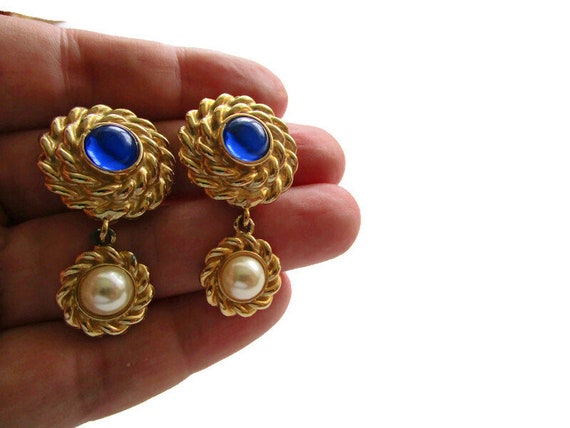 Vintage 80s Clip on Earrings Gold Tone Metal With Blue and White Accents Dangle Earrings Retro 80s Jewelry Nautical Princess Diana Style Etsy