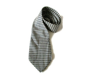 Vintage DiCaprio Silk Tie . Geometric Pattern Necktie . Blue White Silk Tie .