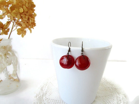 Vintage Handmade Glass Earrings Round Red Dangle … - image 2