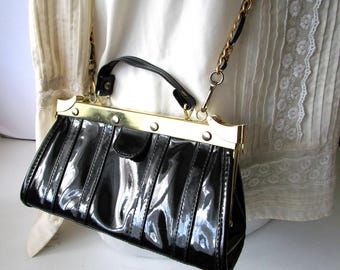 Vintage Black Bag Shoulder Bag Cross Body Bag Black Bag Black Purse Womens Handbag Black and Gold Bag 80s Shiny Patent Leather Bag