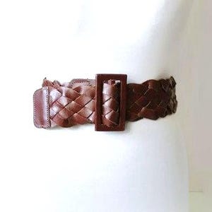 Vintage Wide Woven Leather Belt Belts For Women Brown Genuine Leather Belt Southwestern Belt Boho Leather Belt Bohemian Belt S/M 70s 80s