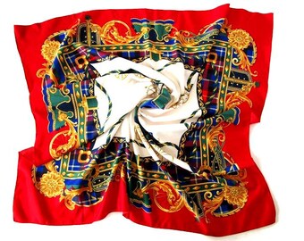 Gorgeous Vintage Italian Equestrian Scarf Elegant Womens Scarf Horse Carriages Motif Scarf Navy Blue Whit Red Gold Yellow Gift For Her