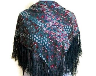 Fabulous Teal Blue Fringe Scarf. Floral Scarf. Botanical Print Scarf. 90s Vintage Bohemian Square Scarf. Gift for Her. Valentines Gift.