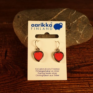 Vintage Aarikka Finland Earrings Heart Earrings Red Wood Silver tone Metal Hooks Silver  Small heart Charm Gift for her Girlfriend Gift