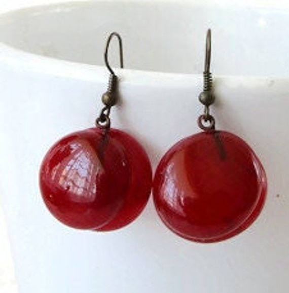 Vintage Handmade Glass Earrings Round Red Dangle … - image 3