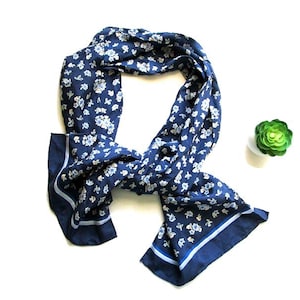 Blue Silk Scarf NOS 90s Vintage Silk Scarf Soft Silk Scarf Unisex Long Neck Scarf Head Scarf Light Scarf Floral Spring Summer Accessories