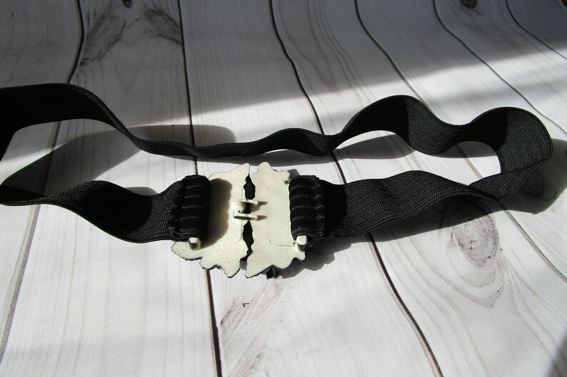 Vintage black elastic belt with floral roses buckle 1980s Retro Belt Women accessories