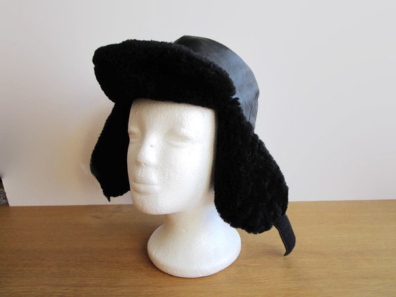 Shearling Fur Hat Black Warm Winter Hat 1990s Swe… - image 1