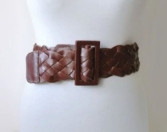 Vintage Wide Woven Leather Belt Belts For Women Brown Genuine Leather Belt Southwestern Belt Boho Leather Belt Bohemian Belt S/M 70s 80s