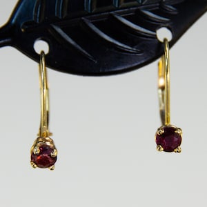 14K Yellow Gold Garnet Earrings ~ Vintage Petite lever back dangle earrings, elegant and simple, wine red round garnets, January birthstone