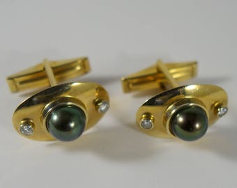 14K Gold Cuff Links with Black Pearls and Diamonds~ 14k yellow gold vintage cufflinks, unique