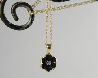 Petite Diamond Flower Necklace in 14K Gold - Blackened gold floral design with 2mm round Diamond, 14k 18 inch Chain, vintage pendant