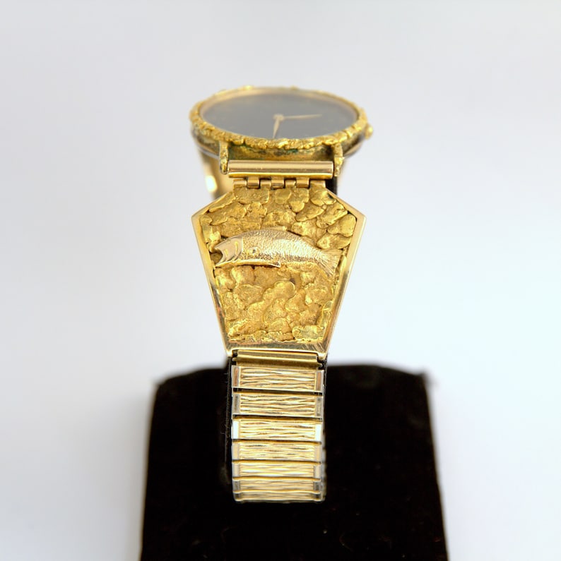 Seiko L&L Alaskan 10K and 24K Gold Nugget Wrist Watch Fish and Boat
