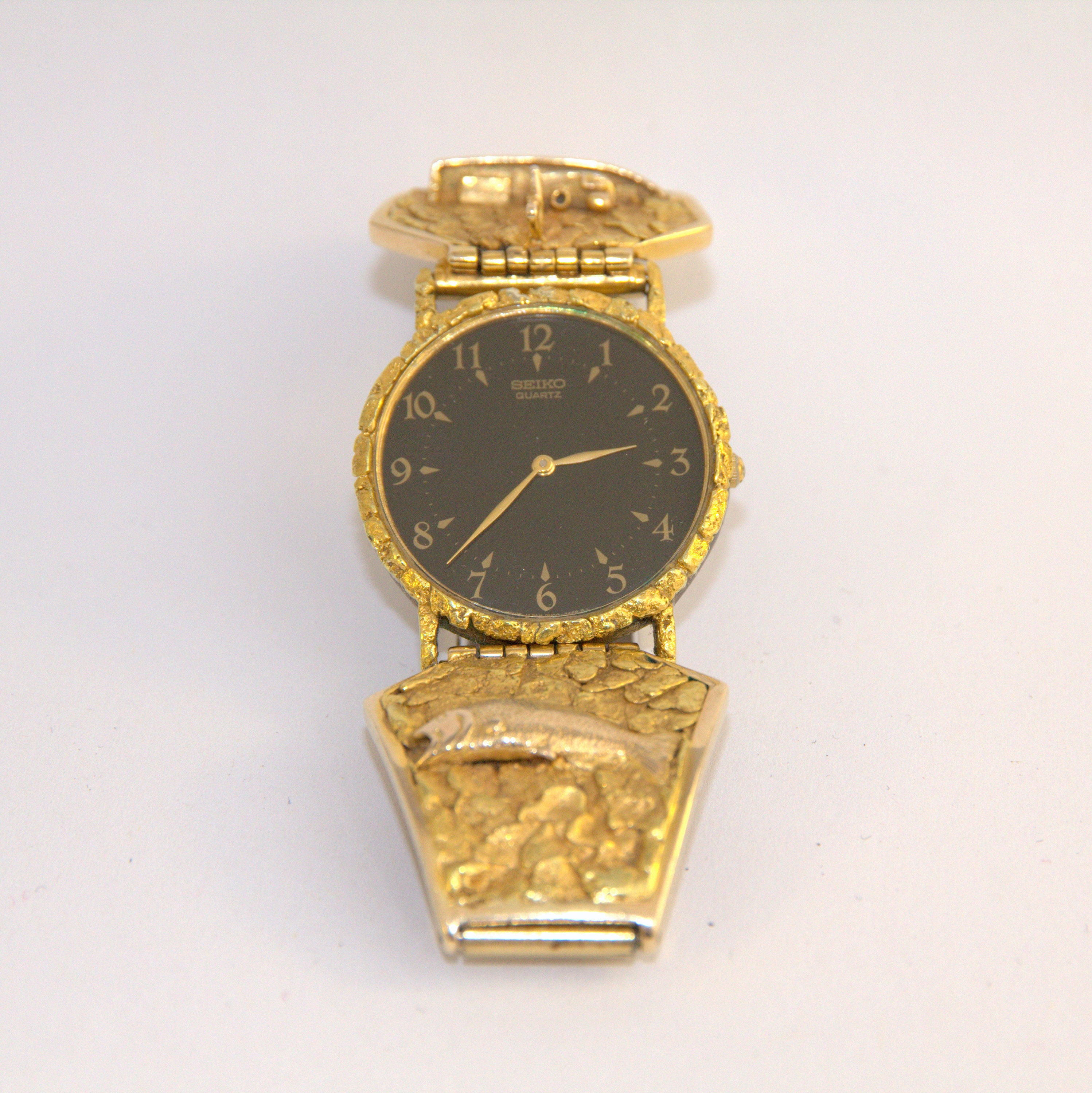 Seiko L L Alaskan 10K and 24K Gold Nugget Wrist Watch Fish and Boat Details Stretch Speidel Band 6 3 4 Inches Working Ooak Vintage Etsy Canada