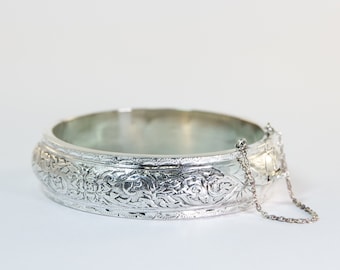 Sterling Baroque Hinge Bangle ~ Thailand "Siam" bracelet with arabesque floral designs, vintage hollow with hinge and safety chain