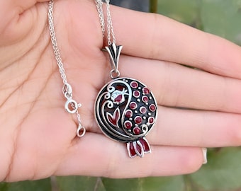 Sterling Silver Pomegranate Pendant: Red Zircon Persephone Necklace
