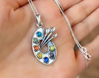 Paint Palette pendant Sterling silver 925 , Armenian necklace , gemstone palette necklace  Armenian handmade , Artist palette