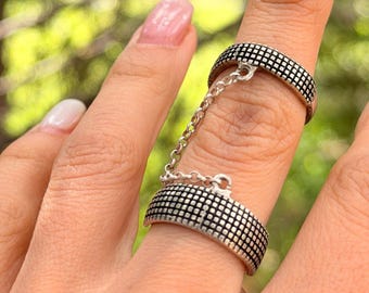 Anillo de doble cadena de plata de ley 925 oxidada, joyería armenia, anillos góticos