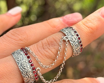 Double Ring Armenian Sterling Silver 925 Red Stone Floral Ring Trendy 2025 Gift