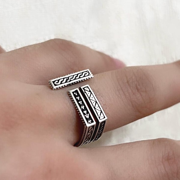Armeense sterlingzilveren ring 925: handgemaakte verstelbare geometrische band