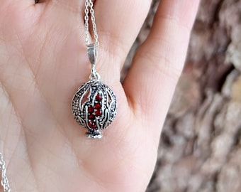 Sterling Silver Pomegranate Pendant: Red Zircon Persephone Necklace