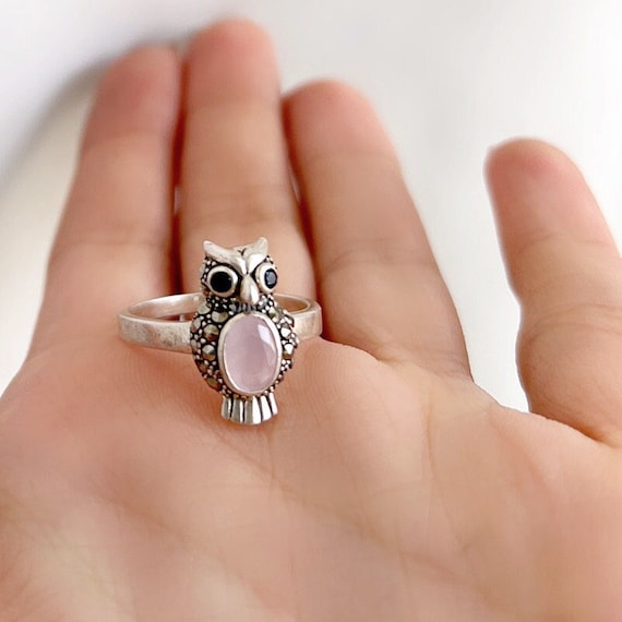 Anillos de buho genuinos de plata de ley 925 con ojos azules buho de marcasita de